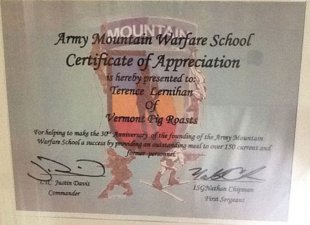 Army Mountain Warfare School Certificate of Appreciation presented to Terence Lernihan of Vermont Pig Roasts